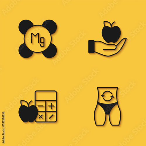 Set Magnesium, Metabolism, Calorie calculator and Apple icon with long shadow. Vector