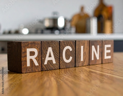 Wooden blocks spelling out a word on a kitchen table