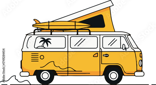Retro Yellow Camper Van with Surfboard and Pop-Top Roof for Summer Travel