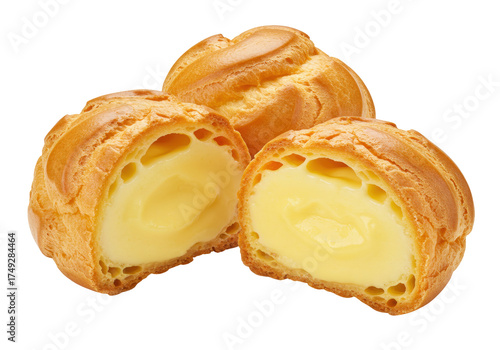 Delicious cream puffs isolated on transparent background, choux pastry filled with sweet custard cream for dessert or snack