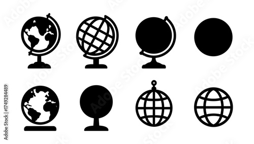 Set of eight globe icons in silhouette style on white background