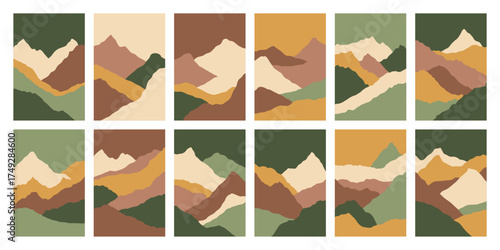 Set of vertical posters with silhouettes of mountain landscapes in flat style. Hiking, travel cards. Design element for poster, card, banner. Contemporary design. Futuristic wall art decor. Dunes, sky