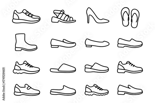 Collection of linear shoe and sandal outlines for fashion design