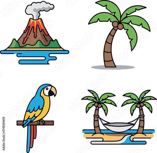 Set of Tropical Island Icons with Volcano, Palm Tree, Macaw, and Hammock