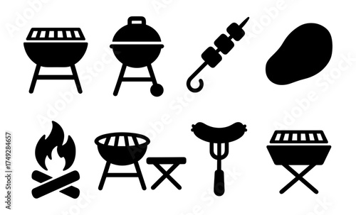 Bbq icons set: grill, sausage, campfire, skewer, steak, flat design