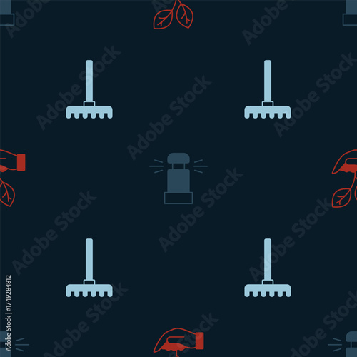 Set Leaf in hand, Automatic irrigation sprinklers and Garden rake on seamless pattern. Vector