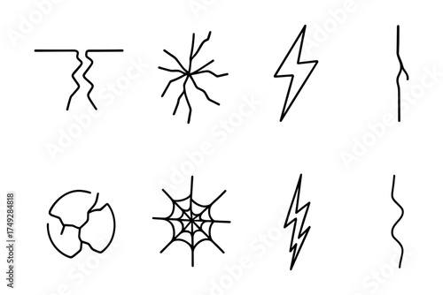 Set of linear crack icons: earth, lightning, web, and structural damage symbols