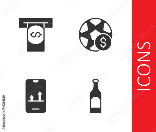 Set Bottle of wine, Automated teller machine and money, Online sports betting and Football icon. Vector