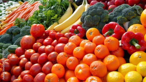 Vibrant assortment of fresh fruits and vegetables including oranges, tomatoes, and broccoli