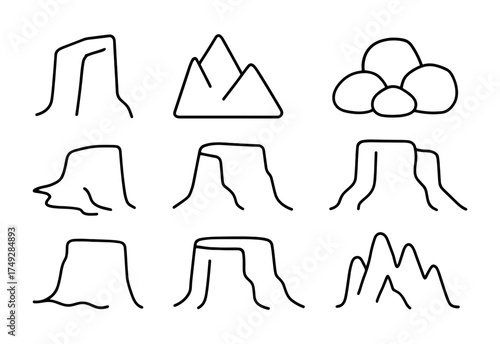 Minimalist line art of various mountain and plateau shapes