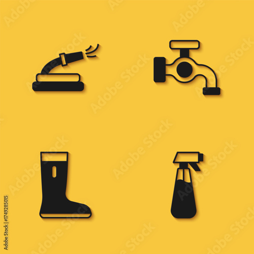 Set Garden hose, sprayer for water, Waterproof rubber boot and tap icon with long shadow. Vector