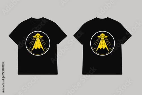 Yellow ufo beaming light onto mountain landscape alien