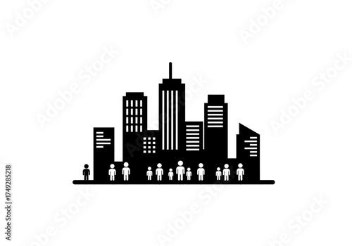 Stylized black silhouette icon of a modern city skyline with a diverse crowd of people standing in front.