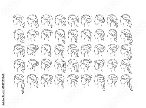 Elegant female hairstyles collection in minimalist line art style