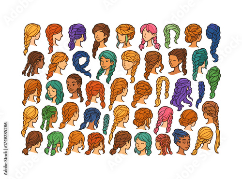 Diverse hairstyles collection with braids in vibrant colors