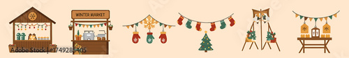 Collection of vector illustrations depicting various wooden winter market stalls and decorative elements