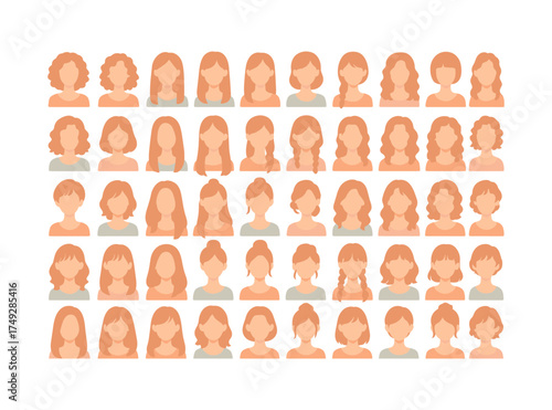 Diverse female hairstyles collection in flat style featuring various hairdos and colors