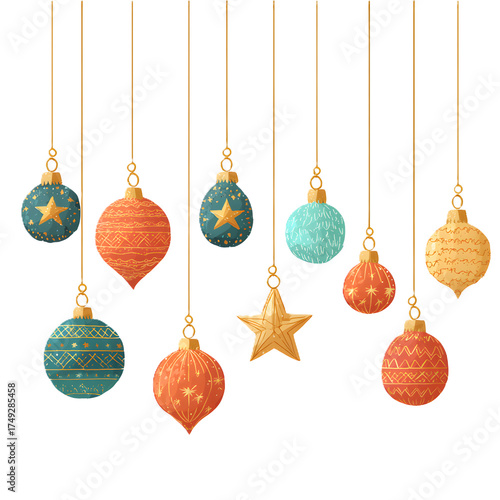 A collection of festive christmas ornaments in various shapes and colors, hanging against a plain transparent background, isolated on transparent background
