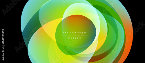 Abstract vibrant layers create circular design. Green, yellow, orange hues blend smoothly. Text reads background design. Modern aesthetic.