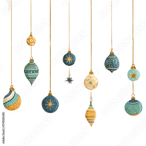 Assortment of decorative christmas baubles and ornaments in blue, teal, and yellow hues, suspended on golden threads against a white backdrop, isolated on transparent background