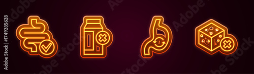 Set line Intestines, Lactose intolerance, Human stomach health and No sugar free. Glowing neon icon. Vector