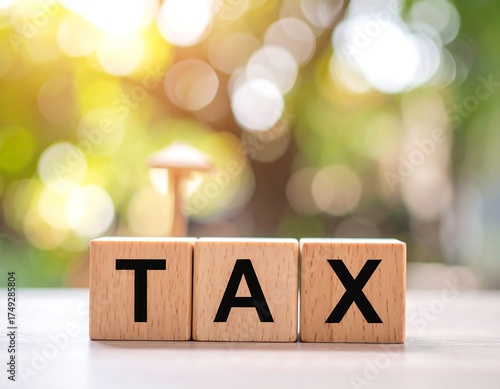 Wooden blocks spelling TAX. Blurred background of natural light and greenery