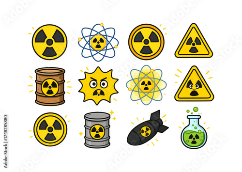 Colorful hazard symbols collection featuring radioactive designs and warnings