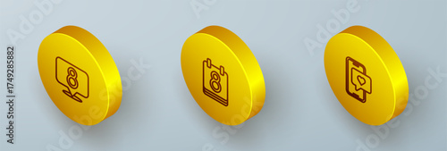 Set Isometric line 8 March, Calendar with and Mobile heart icon. Vector