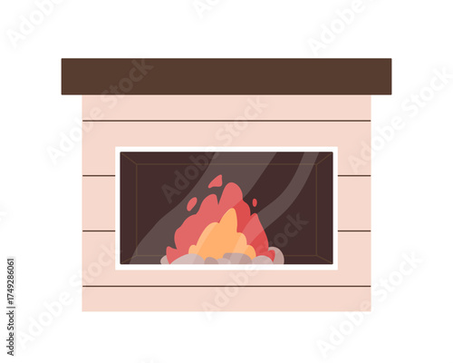 Fireplace, fireside with flame behind glass. Cozy fire place, side with burning glowing light, wooden plank mantelpiece. Warm interior decoration. Flat vector illustration isolated on white background