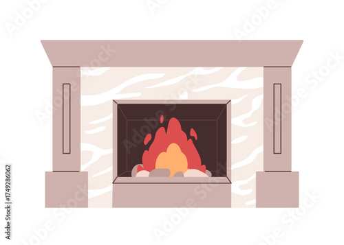 Fireplace with flame burning with stones. Cozy fireside, hearth, fire place with glowing blaze, marble mantelpiece. Festive furnace, home decor. Flat vector illustration isolated on white background