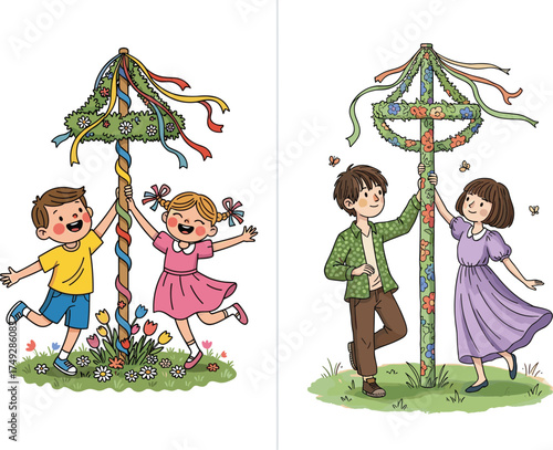Cartoon Lifestyle Icons Featuring Generational Maypole Dance, Joyful Mood, Seasonal Theme, and Dual-Scene Springtime Cultural Celebration Activity