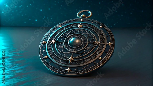 Metal astrolabe with stars and planets on blue background
