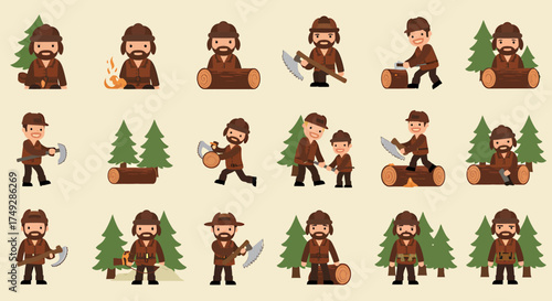 Pattern of stylized lumberjacks performing various logging tasks with trees and logs
