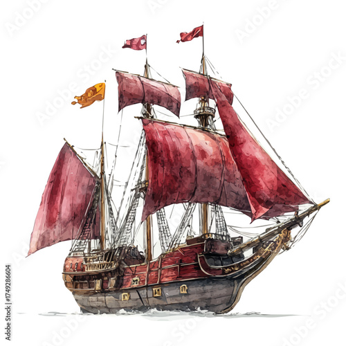 Galleon, watercolor clipart vector, isolated on a white background.