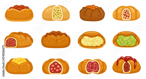 Twelve baked goods with various sweet and savory fillings arranged in three rows of four