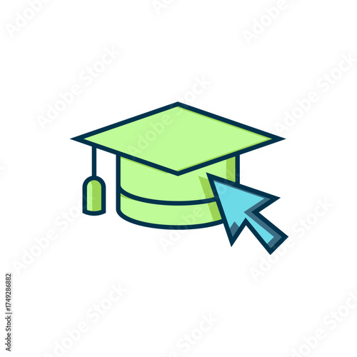 Filled outline Graduation cap with cursor icon isolated on white background. World education symbol. Online learning or e-learning concept. Flat filled outline style with shadow. Vector