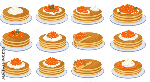 Twelve servings of pancakes with toppings arranged in three rows of four