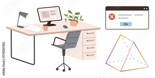 Work desk with computer, documents, and lamp, a browser error message, and a colorful pyramid outline. Ideal for productivity, remote work, technology issues, organization design creativity