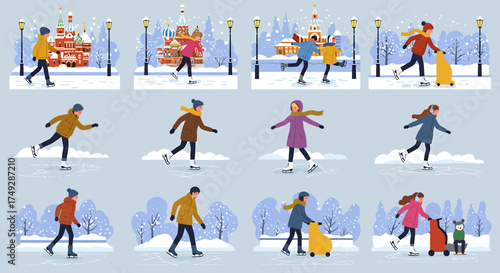 Twelve scenes of people ice skating outdoors in winter settings with snow and buildings