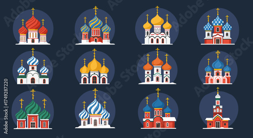 Twelve stylized illustrations of colorful Russian Orthodox churches on a dark background