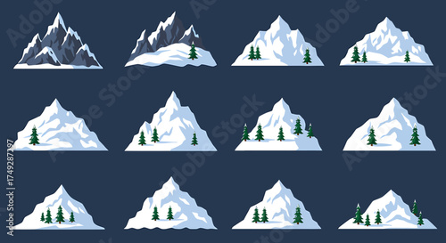 Twelve stylized illustrations of snowcovered mountains with pine trees