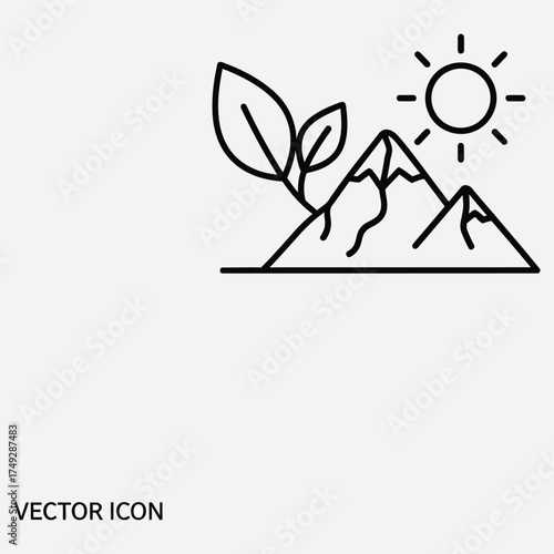 Stylized vector illustration of a mountain range with a sprout and sun in the background, representing nature and growth