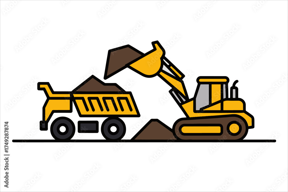 Naklejka premium A bulldozer is loading soil into the truck line icon