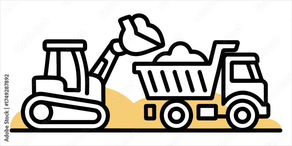 Naklejka premium A bulldozer is loading soil into the truck line icon