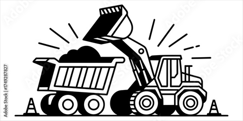 A bulldozer is loading soil into the truck line icon