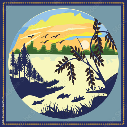 Tranquil wall art of a lakeside sunset scene framed in blue. Silhouettes of trees, reeds, and flying birds appear against orange and yellow skies reflecting on calm water, creating a peaceful natural.