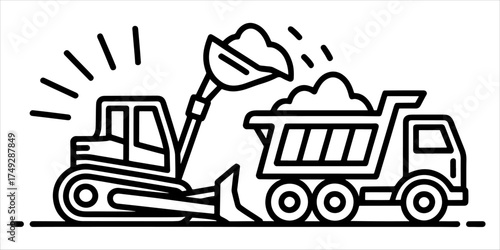 A bulldozer is loading soil into the truck line icon