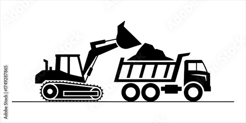 A bulldozer is loading soil into the truck line icon