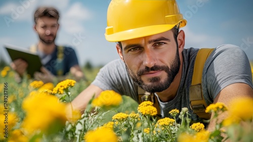 Young Male Farmer in Yellow Hard Hat Working in Flower Field with Colleague in Background