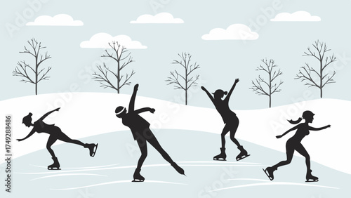 Happy Women Ice Skating Outdoors Winter Sports Recreation Active Lifestyle Silhouette Illustration Seasonal Fun